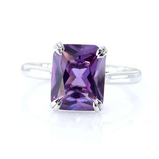 Purple Sapphire Alexandrite Color Engagement Ring, Solitaire, Emerald cut, 4ct Carat, 10x8mm, 925 Silver w Rhodium-Custom-Ready to Ship Wan Love Designs