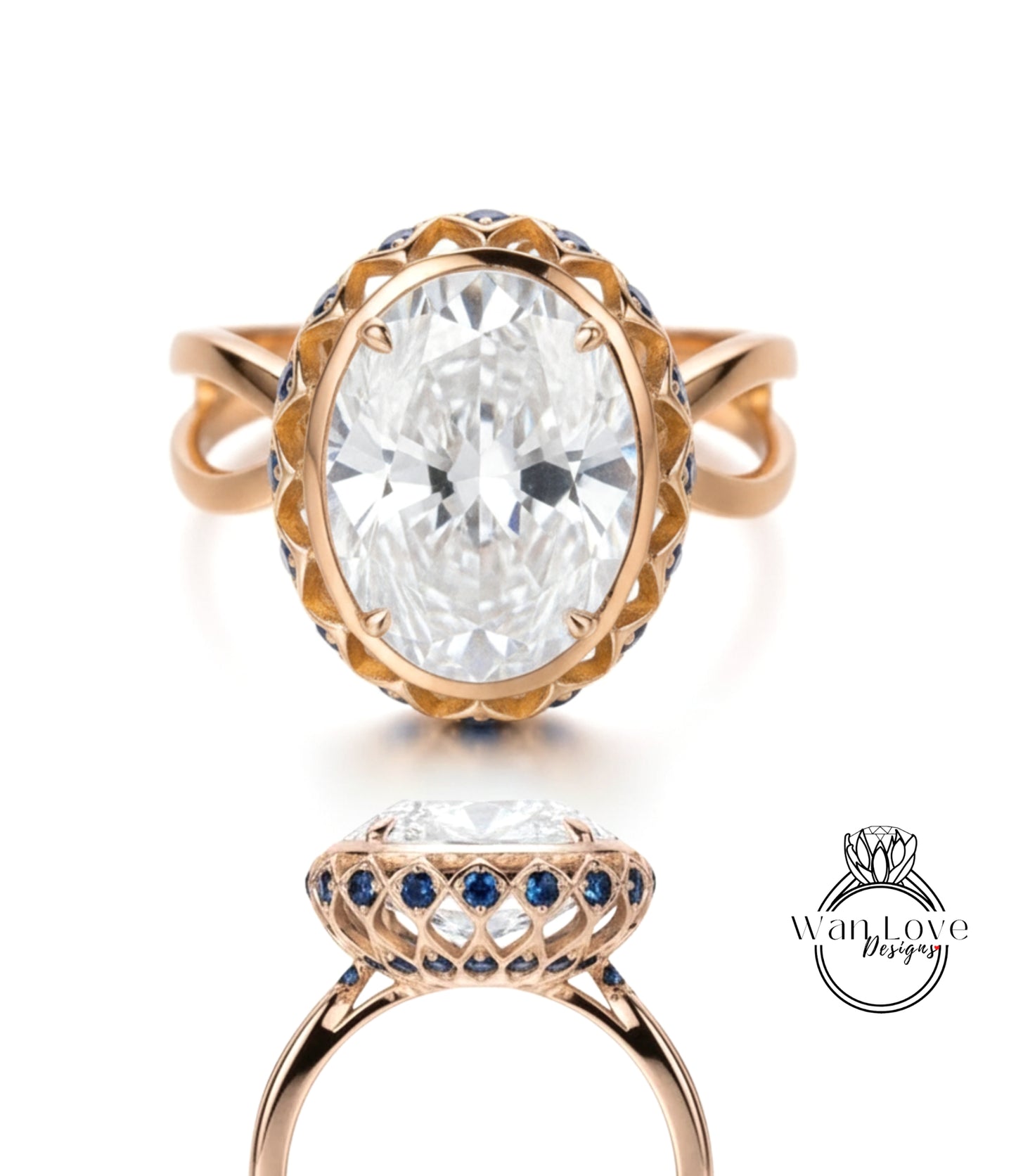 a large, oval-shaped diamond ring with a gold band and a blue and white floral design around the center stone.