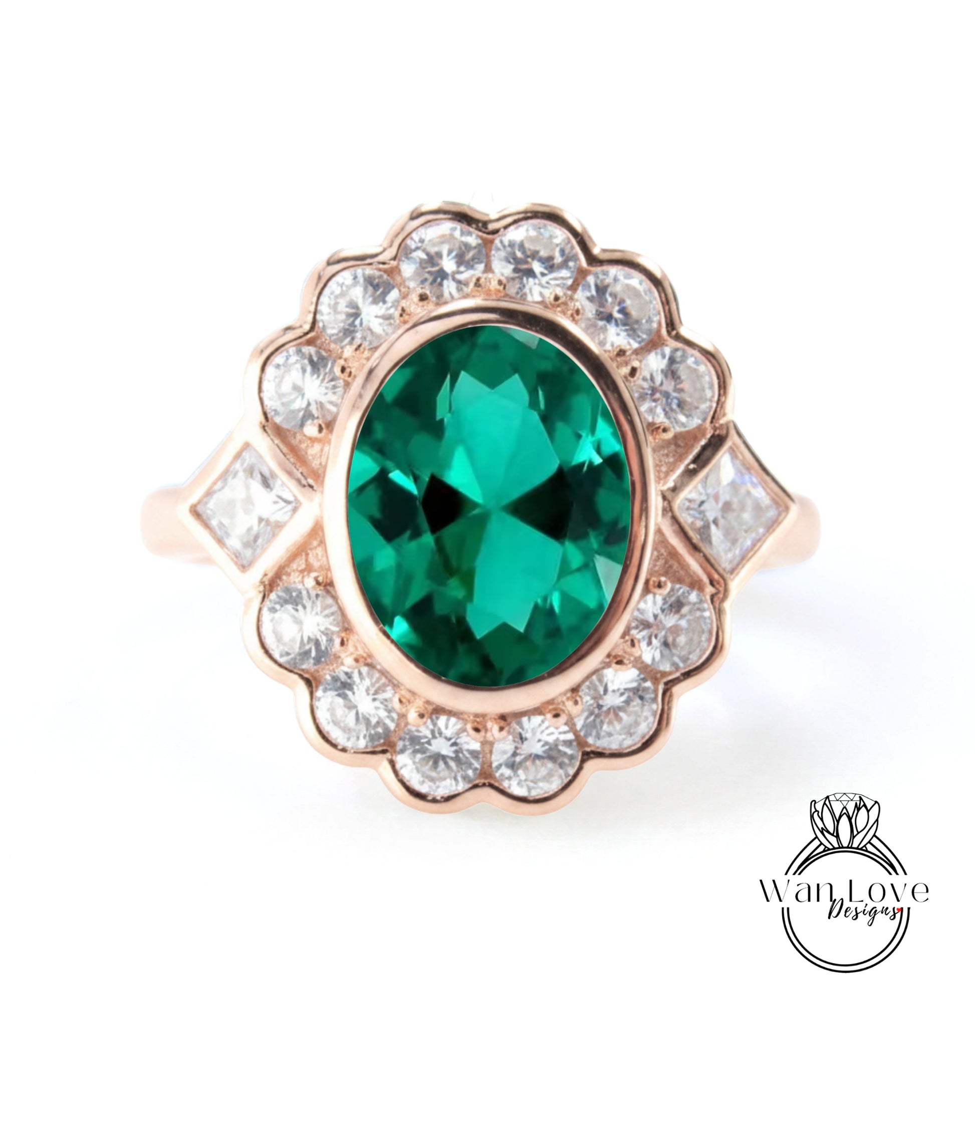 A gold ring with a large oval-shaped gemstone at the center, surrounded by smaller diamonds.