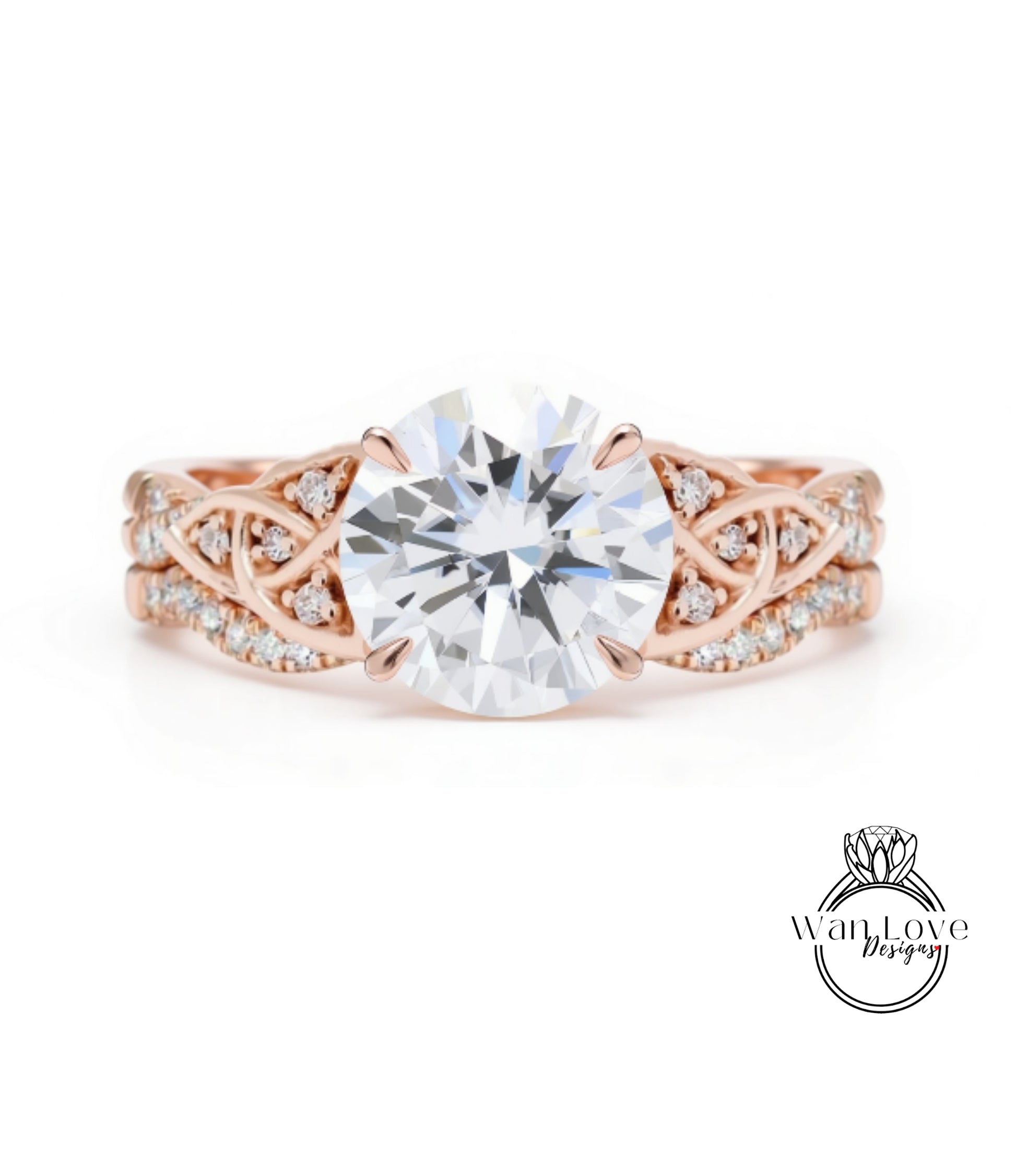 a beautiful engagement ring with a large, brilliant-cut diamond set in a rose gold band adorned with small diamonds.