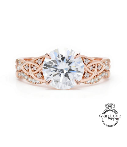 a beautiful engagement ring with a large, brilliant-cut diamond set in a rose gold band adorned with small diamonds.