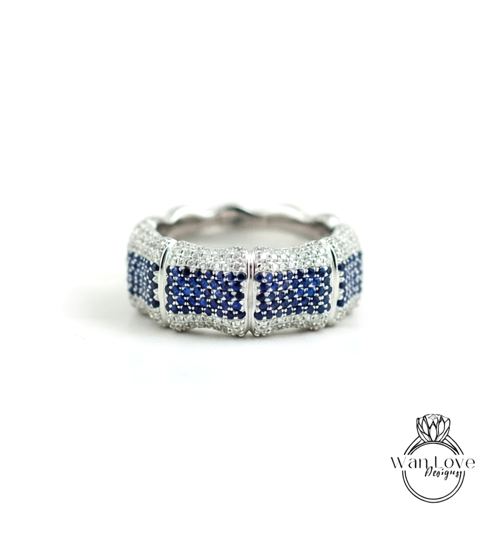 Blue Sapphire & Lab Diamond Bamboo Wedding Band, Mens, Mans Ring, CZ, Custom, Engagement, Anniversary Gift, Commitment, Ready to Ship