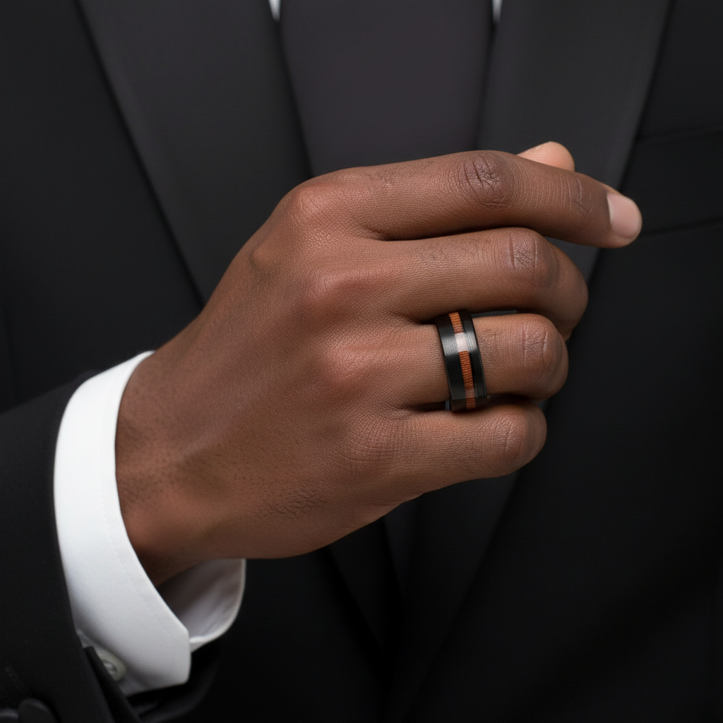 A close-up of a person's hand wearing a ring on the ring finger.