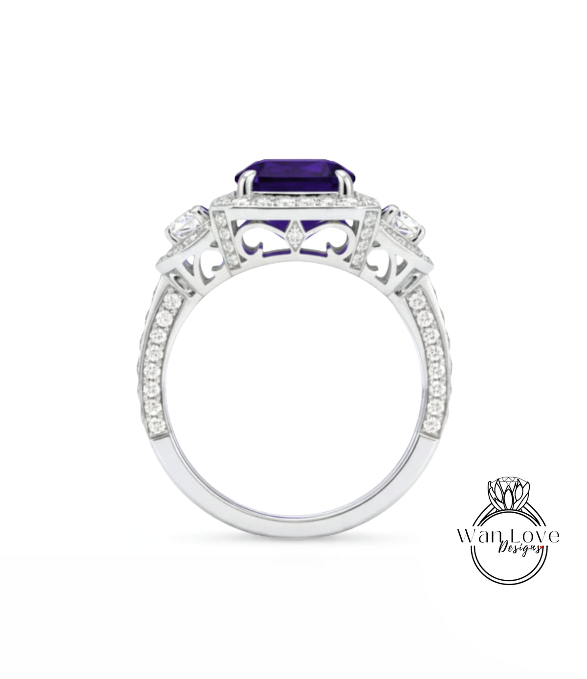 A silver ring with a large purple gemstone, surrounded by smaller diamonds and intricate designs.