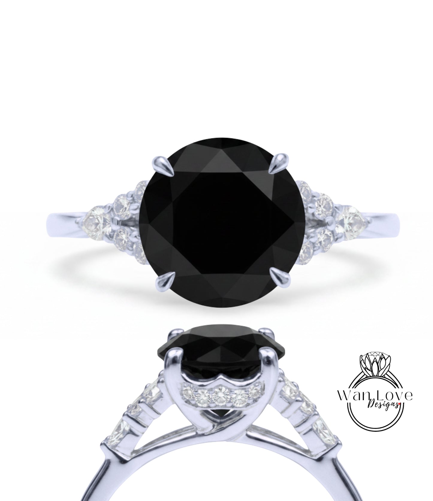 A silver ring with a large black diamond as the centerpiece, surrounded by smaller diamonds.