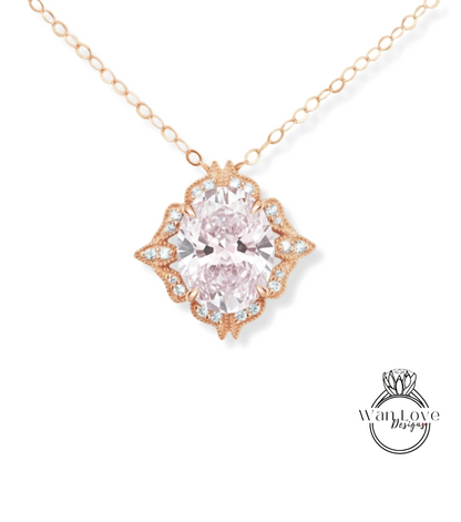 A necklace with a large oval-shaped pink diamond as the centerpiece, surrounded by smaller diamonds and a decorative floral design.
