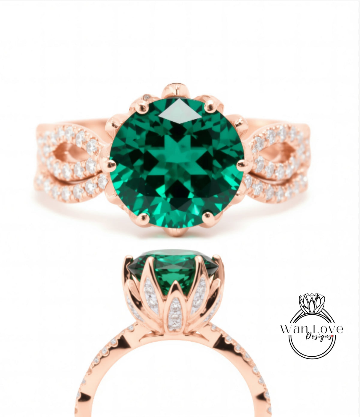 a beautiful rose gold ring with a large, vibrant green gemstone set in the center. The ring has a delicate floral design around the gemstone, and the gemstone appears to be a natural emerald. The image showcases the ring from various angles, highlighting its intricate details and the stunning green gemstone.
