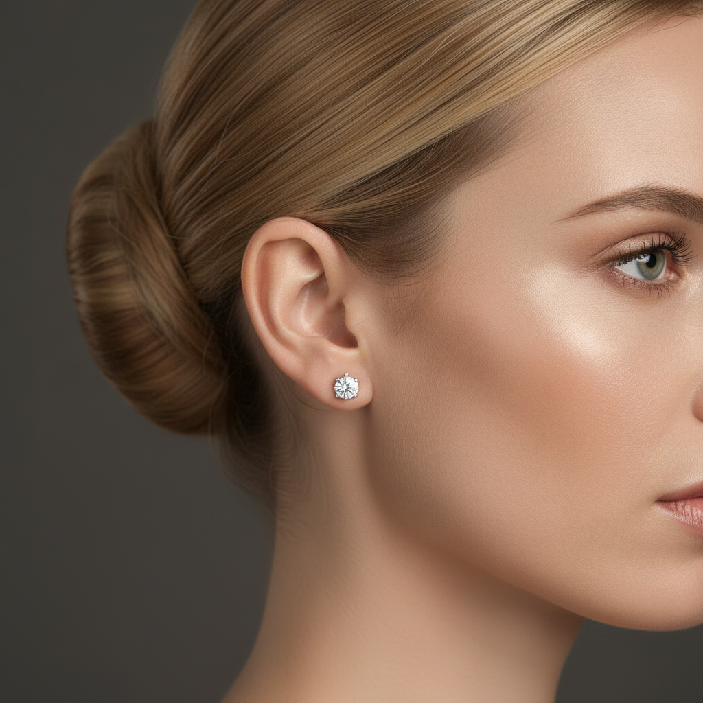 A close-up of a woman's face, focusing on her earrings and hair.