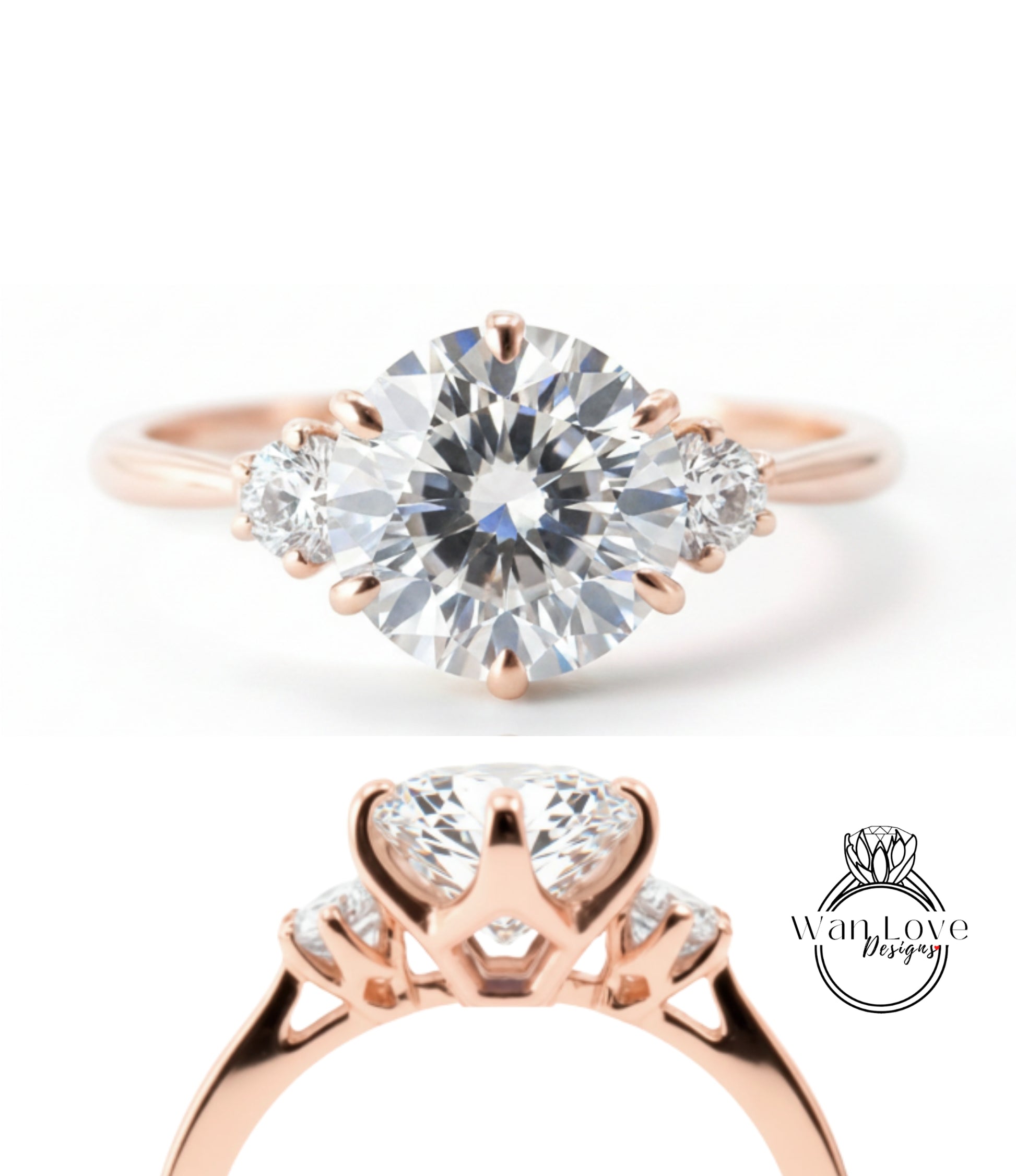 a beautiful rose gold engagement ring with a large, brilliant-cut diamond set in the center, surrounded by smaller diamonds. The ring is designed with a three-pronged band and a halo of smaller diamonds on either side of the central diamond.
