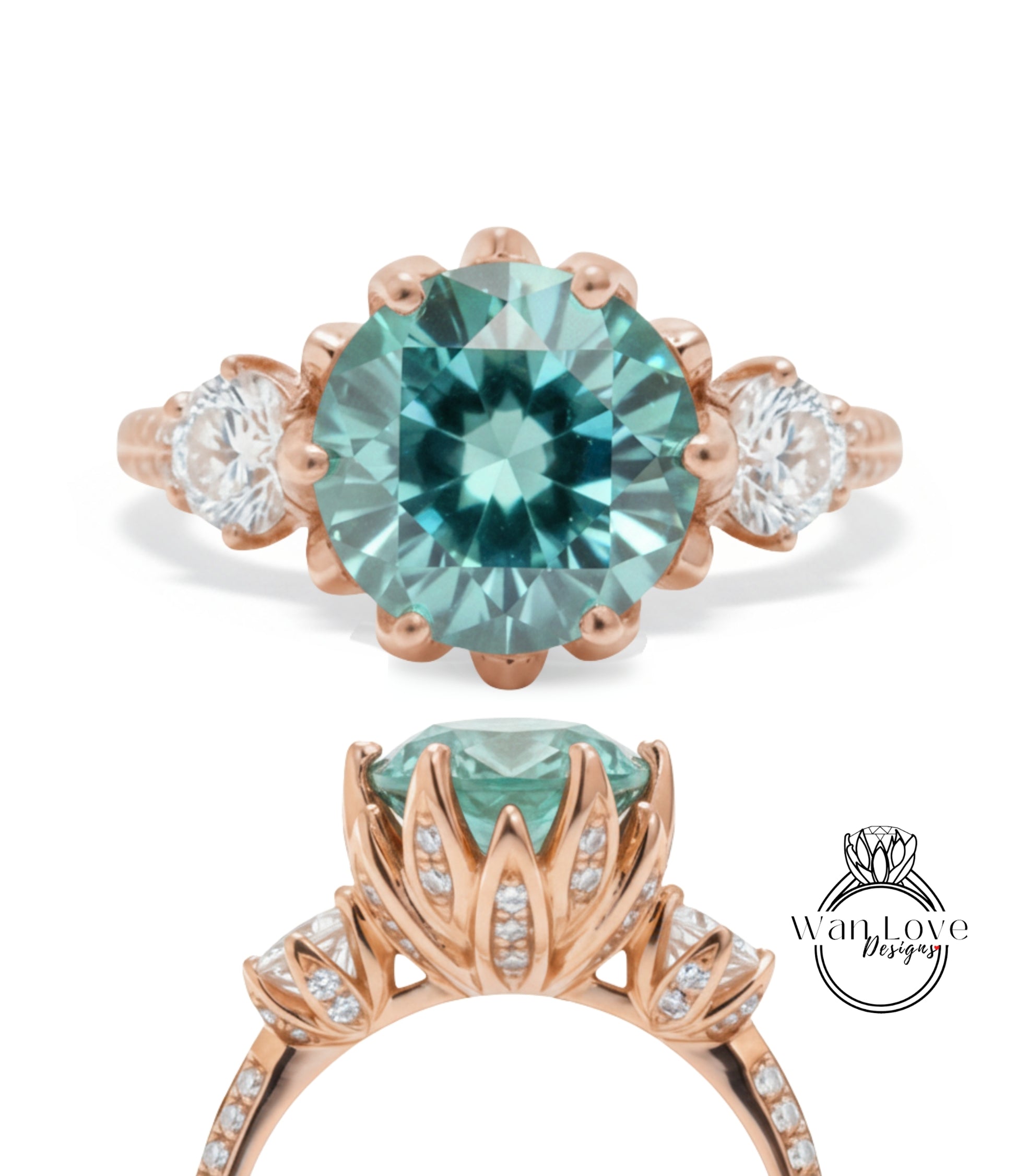 a beautiful engagement ring with a large, round blue gemstone set in a rose gold band. The ring is adorned with smaller diamonds and has a delicate floral design around the gemstone.