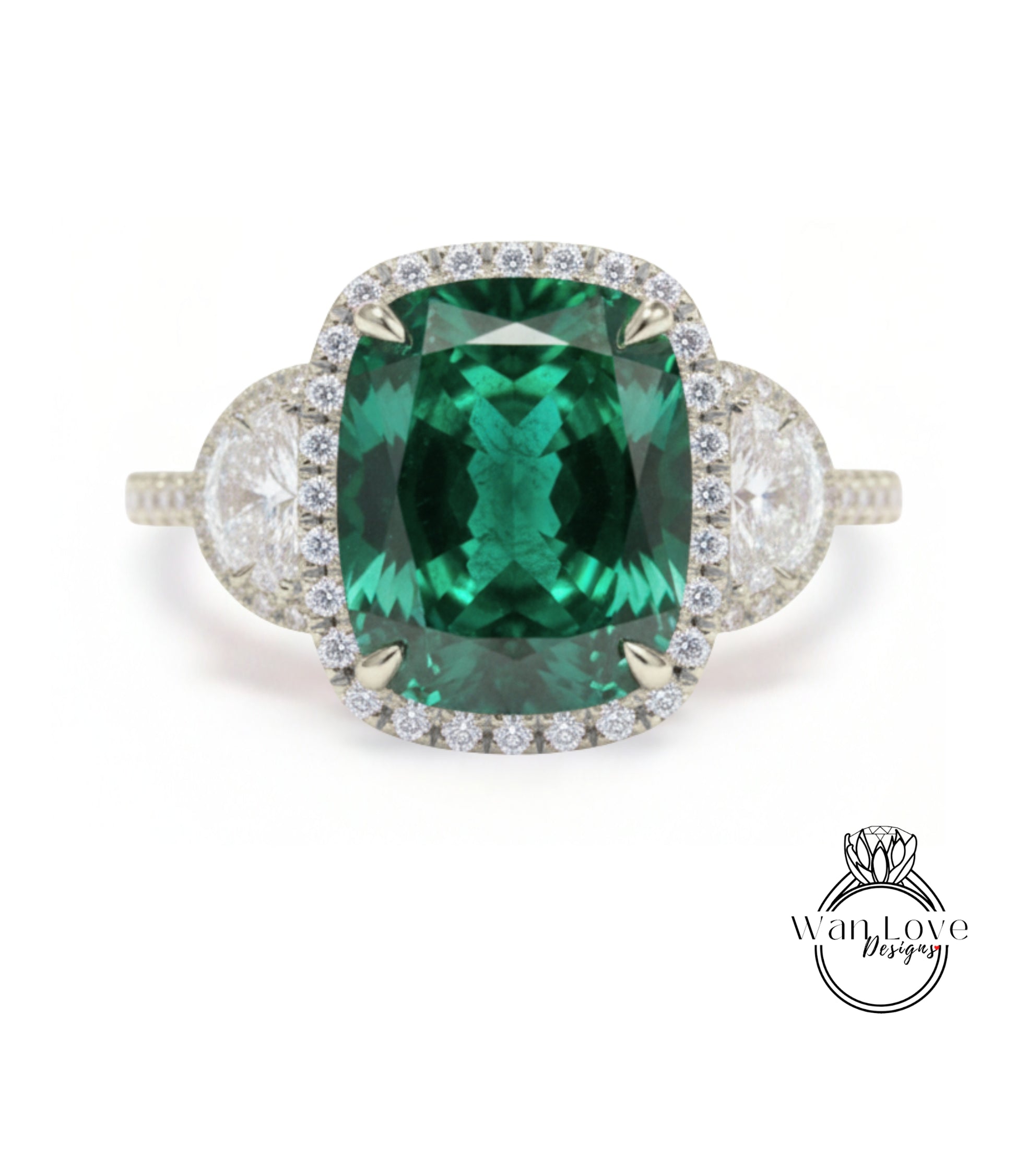 A stunning ring featuring a large, vibrant green gemstone surrounded by a halo of smaller diamonds, set in a silver band.