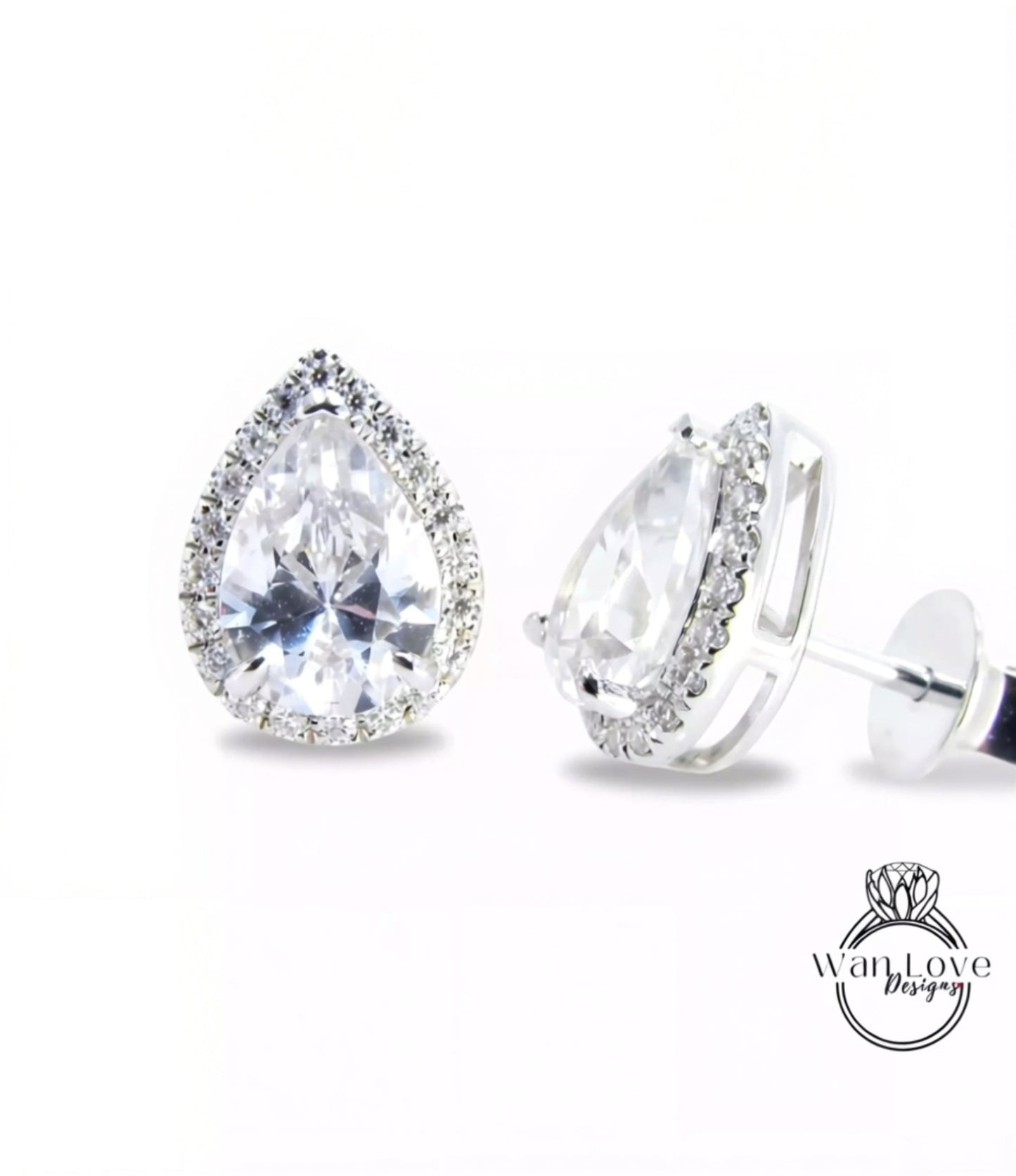 Ready to Ship 1ct ea 2ct 7x5mm White Sapphire Pear Halo Stud Earrings Custom Wedding Jewelry Anniversary Gift Wan Love Designs