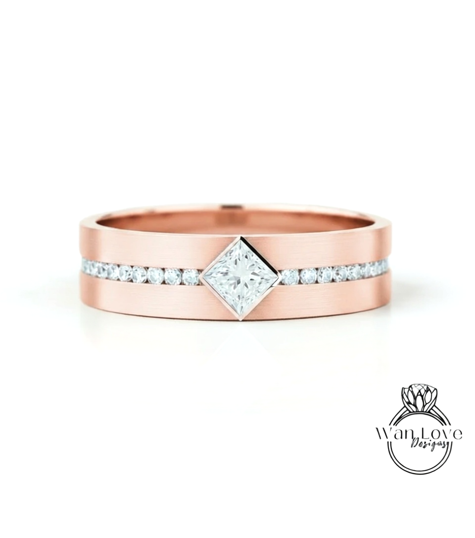 Diamond Mens Wedding Band, Princess Cut kite Set Diamonds Mens Wedding Band, Solid Gold 10k/14k/18k Wedding Ring, Mens Birthstone Ring