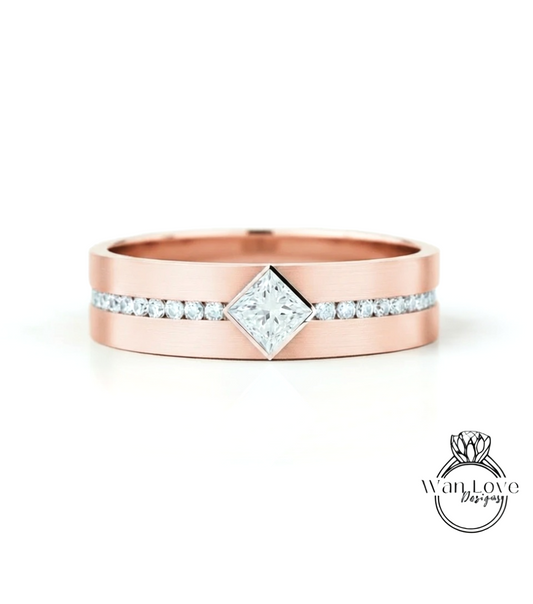 Diamond Mens Wedding Band, Princess Cut kite Set Diamonds Mens Wedding Band, Solid Gold 10k/14k/18k Wedding Ring, Mens Birthstone Ring