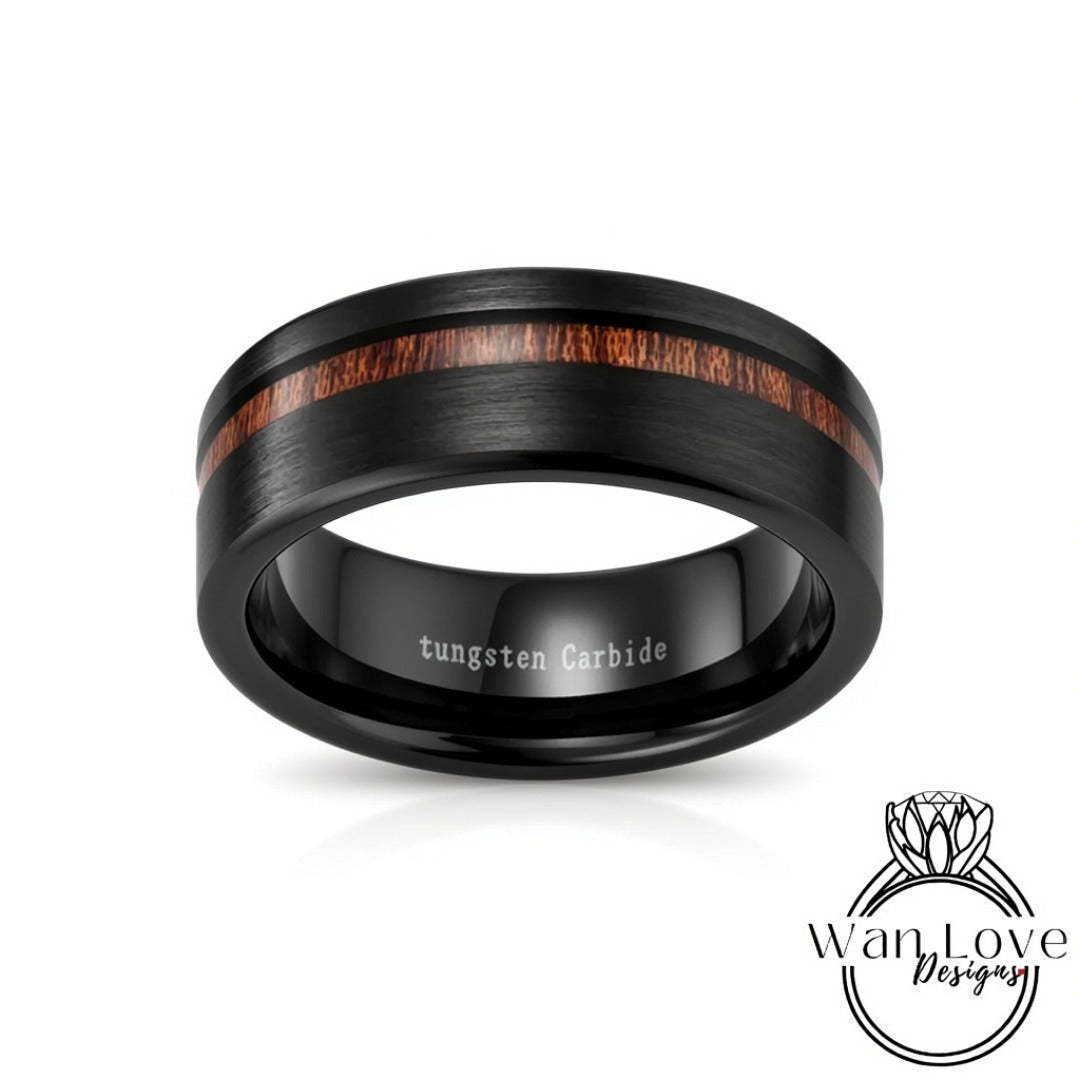 Mens Wedding Band, Black & Wood Tungsten Ring, Mens Ring, Male Wedding Band, Black Ring, Mens Promise Ring, Whiskey Barrel Ring, 8MM Wide Wan Love Designs