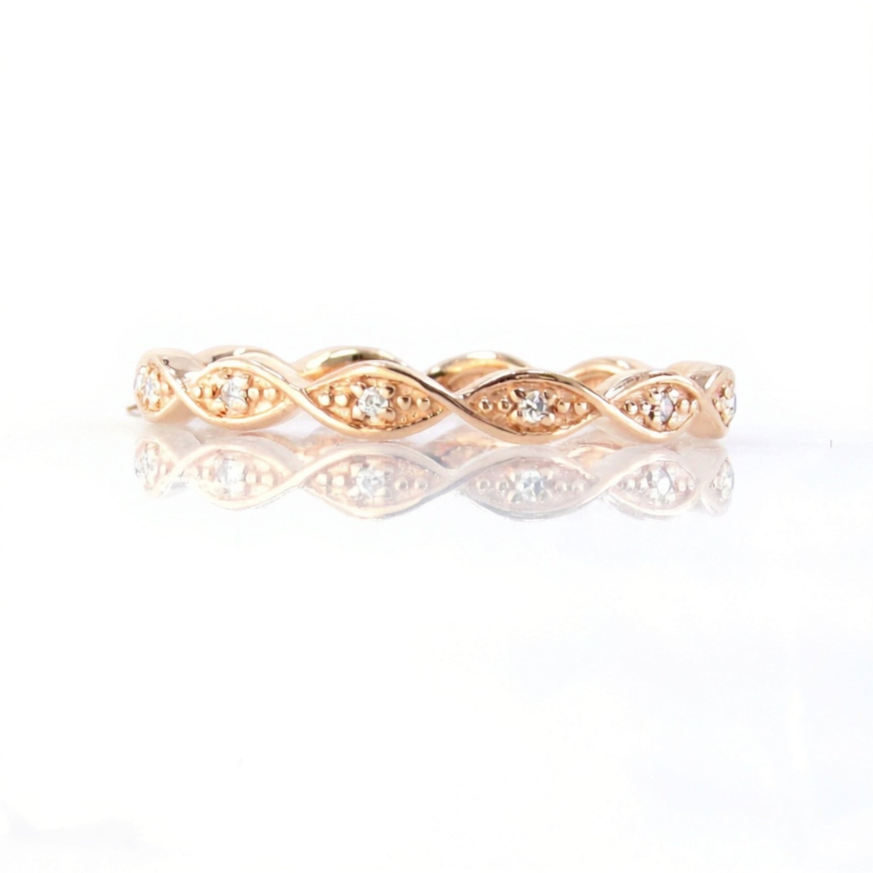Rose Gold Thin Diamonds Twisted DNA Infinity Almost Eternity Wedding Band Ring, Ready to Ship Wan Love Designs