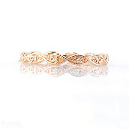 Rose Gold Thin Diamonds Twisted DNA Infinity Almost Eternity Wedding Band Ring, Ready to Ship Wan Love Designs