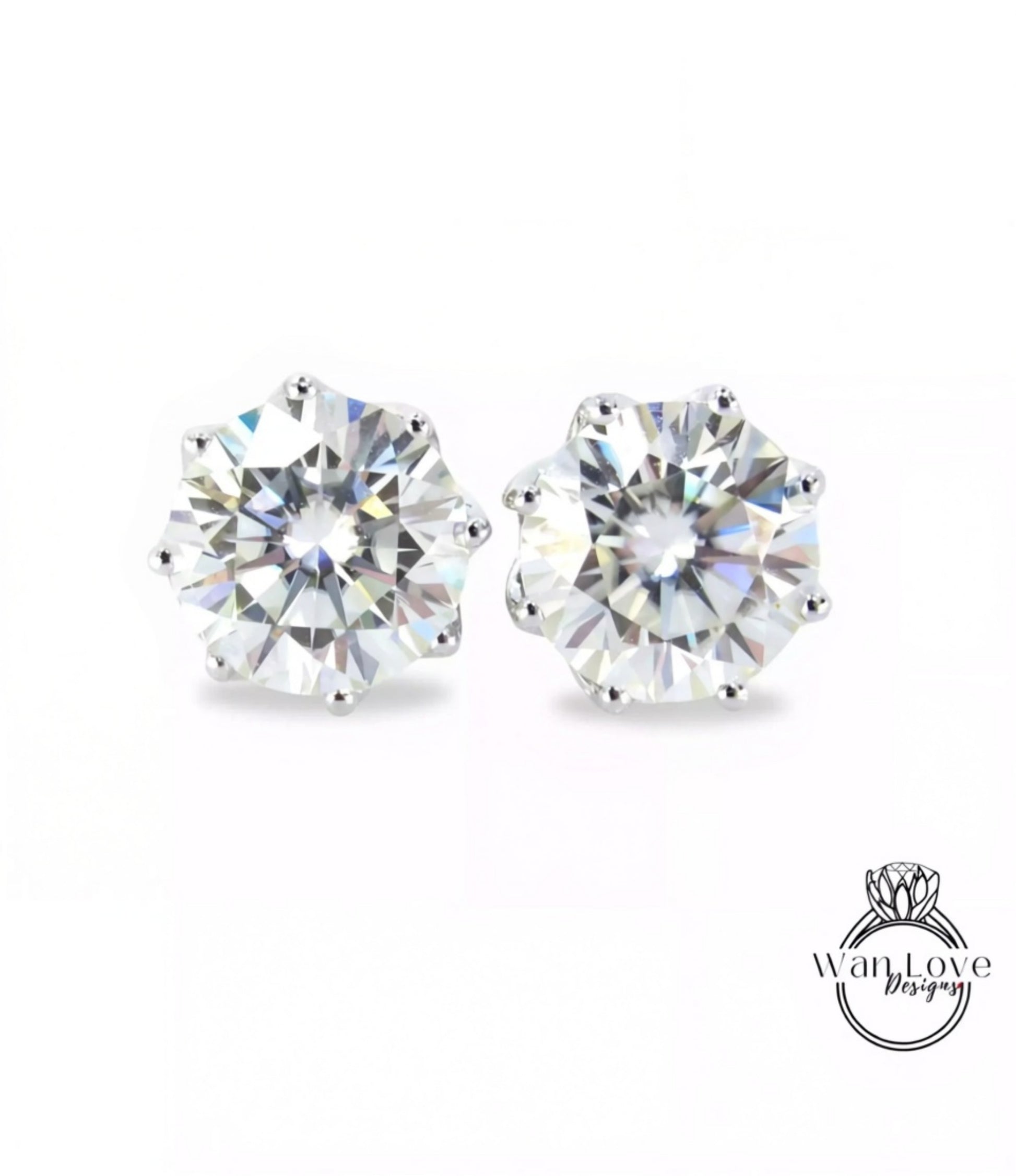 3ct Moissanite Earrings Round cut studs, 8 Prongs Push Backs, White Gold Earrings, Bridal Wedding Studs, Anniversary Gift, Ready to Ship Wan Love Designs