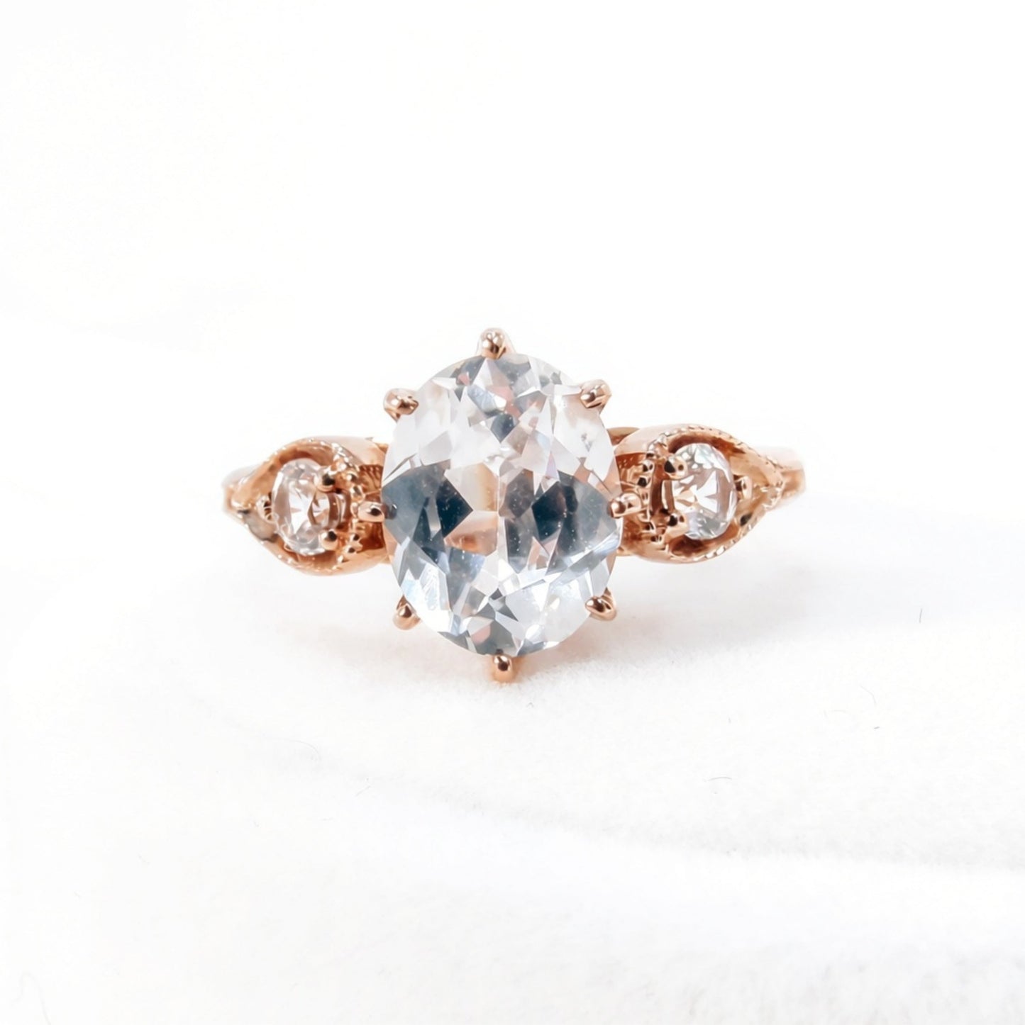 White Sapphire 3 GemStone Oval Engagement Ring 8 prong Milgrain, 3ct 9x7mm, 3mm, Round, Custom, Wedding, Anniversary Gift, Ready to Ship