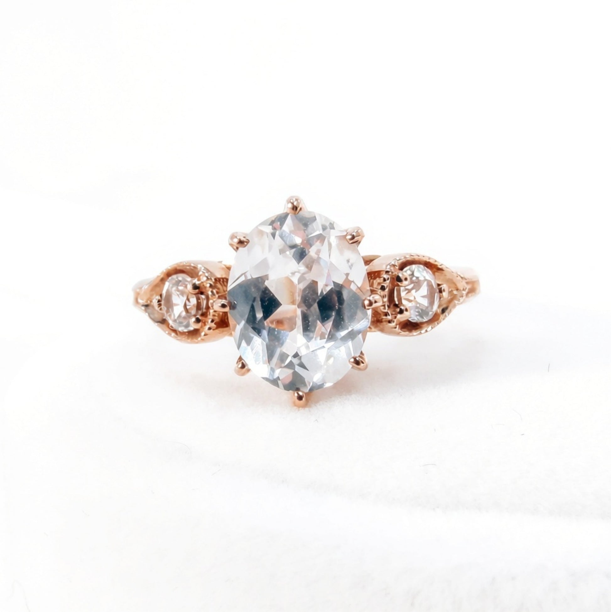 White Sapphire 3 GemStone Oval Engagement Ring 8 prong Milgrain, 3ct 9x7mm, 3mm, Round, Custom, Wedding, Anniversary Gift, Ready to Ship