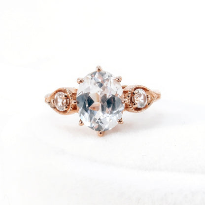 White Sapphire 3 GemStone Oval Engagement Ring 8 prong Milgrain, 3ct 9x7mm, 3mm, Round, Custom, Wedding, Anniversary Gift, Ready to Ship