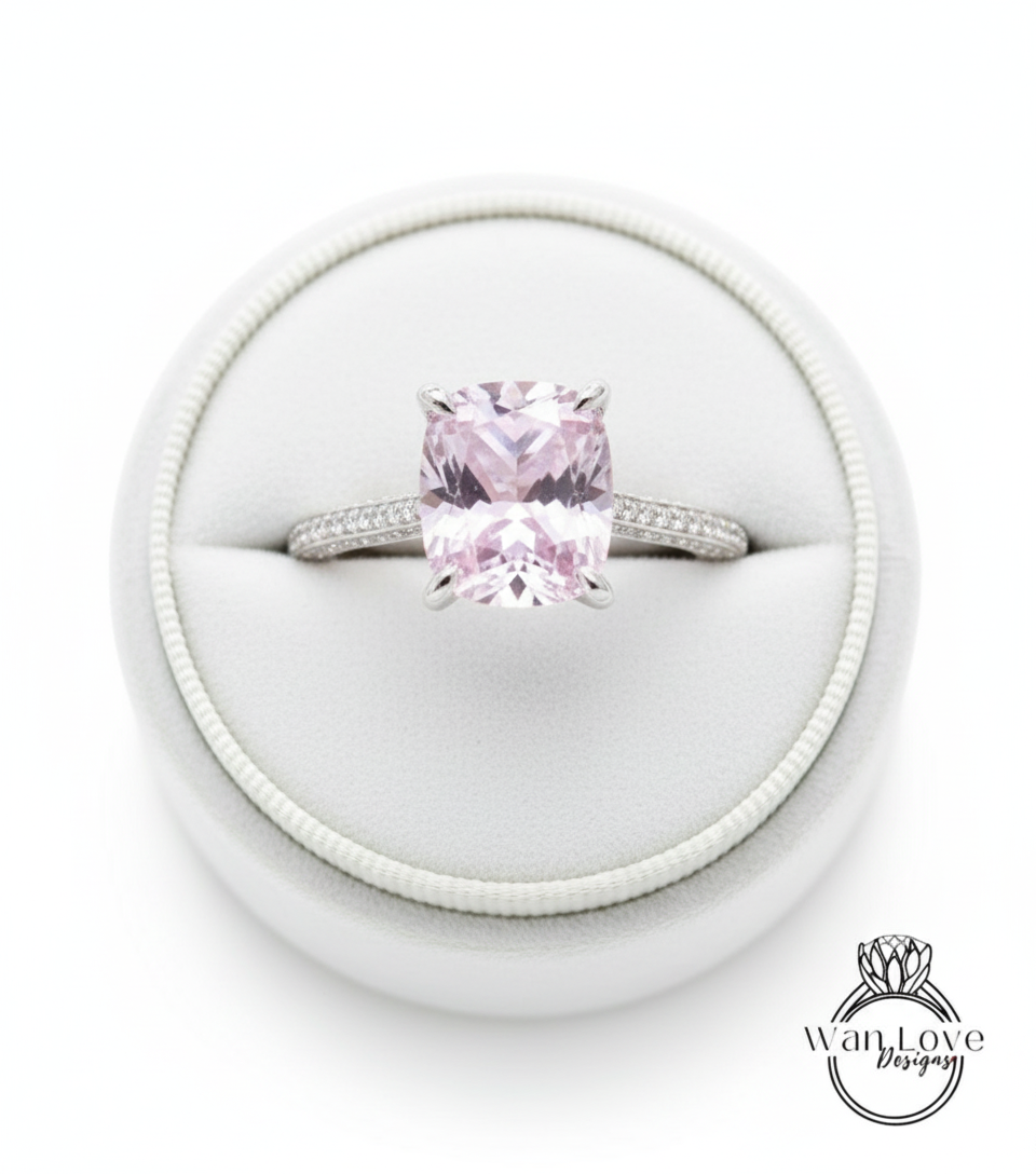 Anello di fidanzamento solitario con cuscino allungato da 4 ct, zaffiro rosa chiaro, fascia quasi eterna, anello in oro bianco, pronto per la spedizione