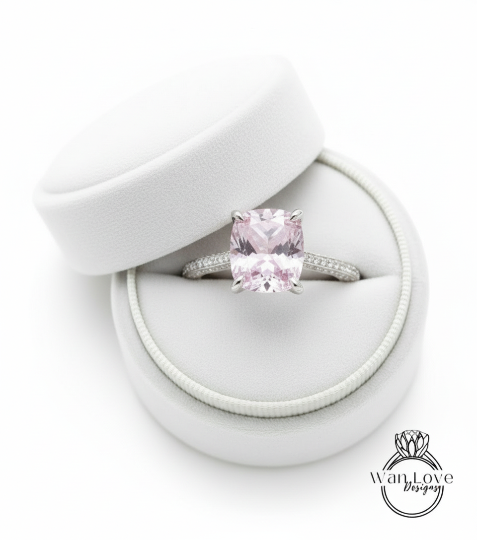 Anello di fidanzamento solitario con cuscino allungato da 4 ct, zaffiro rosa chiaro, fascia quasi eterna, anello in oro bianco, pronto per la spedizione