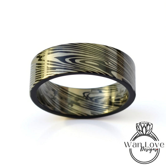 Damascus Tungsten Ring, Damascus Mens Wedding Band – Unique Ring for Men – Damascus Black Ring - Damascus Blue Silver Ring, 8mm wide Wan Love Designs