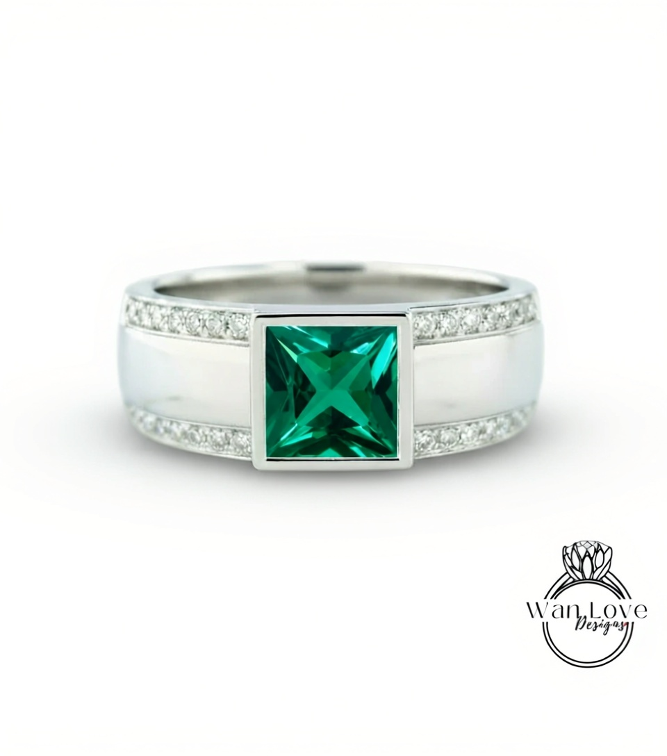 Moissanite Diamond Mens Ring, 14k white gold diamond men's ring, 2 row mans diamond ring, Modern gemstone ring, 14K White Gold, Wedding Band