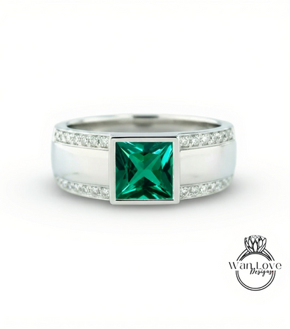 Men's Black Spinel Wedding Band | Square White Gold Men Band | Princess Cut Black Diamond Wedding Ring | Unique Men's Wedding Band