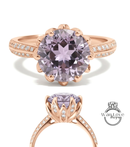 a beautiful rose gold ring with a large, round purple gemstone set in the center. The ring has a delicate, flower-like design around the gemstone, and it is adorned with small diamonds along the band.