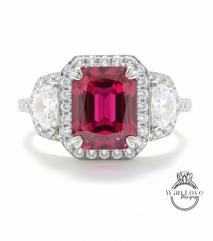 Cuscino allungato Art Déco Anello di fidanzamento con zaffiro blu Anello in oro rosa con tre pietre preziose Anello con mezzaluna e diamante Halo Anello di promessa anniversario