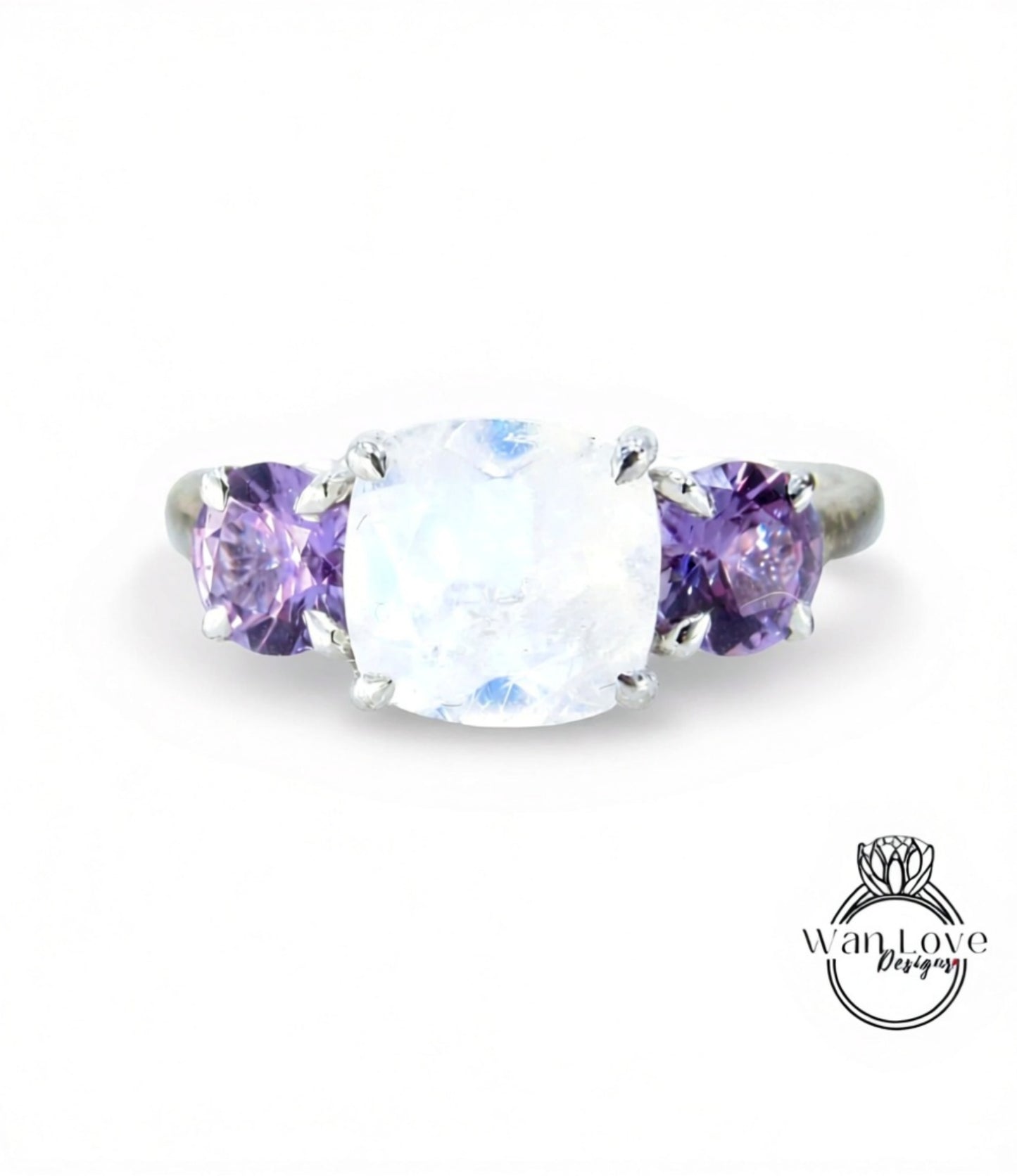 Moonstone Purple Sapphire Alexandrite Color 3 Stone Cushion Round Engagement Ring-2 1 ct 8mm 5mm-Silver Rhodium-Custom-Wedding-Ready to Ship