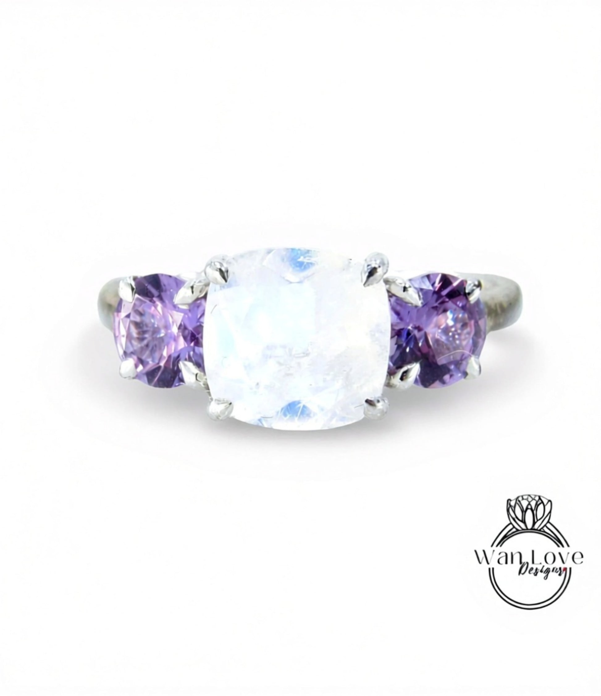 Moonstone Purple Sapphire Alexandrite Color 3 Stone Cushion Round Engagement Ring-2 1 ct 8mm 5mm-Silver Rhodium-Custom-Wedding-Ready to Ship