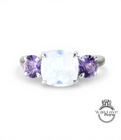 Moonstone Purple Sapphire Alexandrite Color 3 Stone Cushion Round Engagement Ring-2 1 ct 8mm 5mm-Silver Rhodium-Custom-Wedding-Ready to Ship