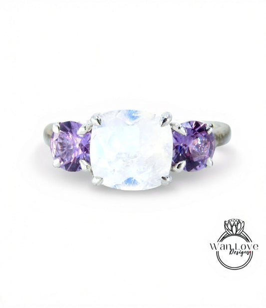 Moonstone Purple Sapphire Alexandrite Color 3 Stone Cushion Round Engagement Ring-2 1 ct 8mm 5mm-Silver Rhodium-Custom-Wedding-Ready to Ship