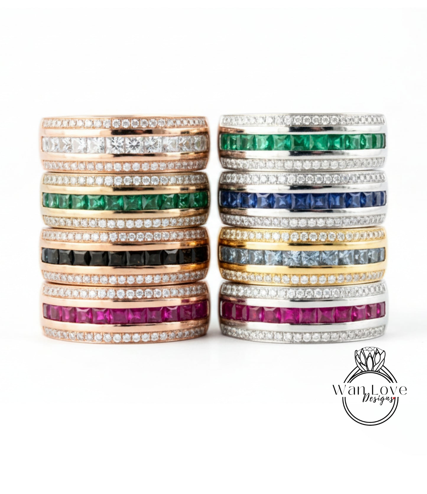 A collection of rings with various gemstones and designs, including diamonds and colored stones, arranged in a visually appealing manner.