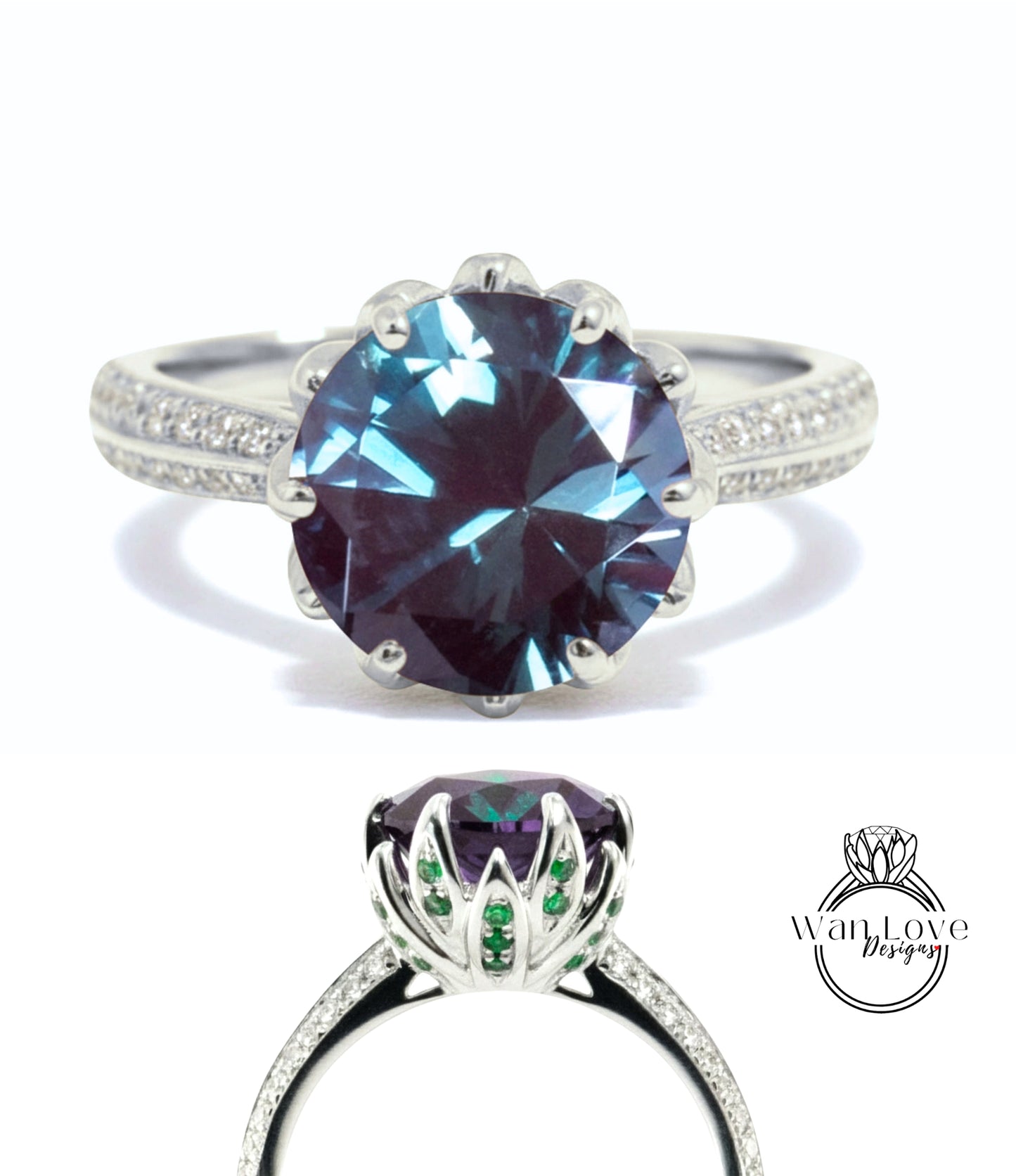 A silver ring with a large blue gemstone, likely a sapphire, surrounded by smaller diamonds.