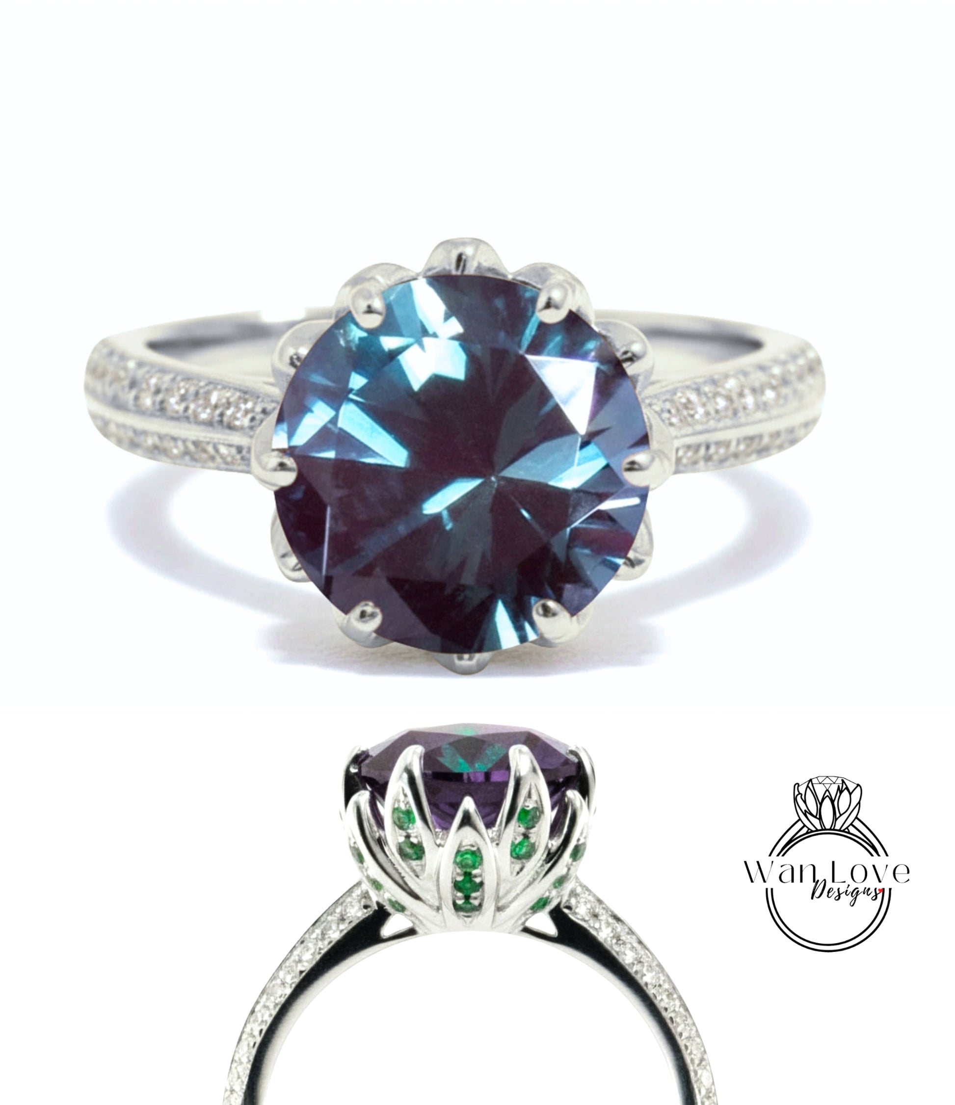 A silver ring with a large blue gemstone, likely a sapphire, surrounded by smaller diamonds.