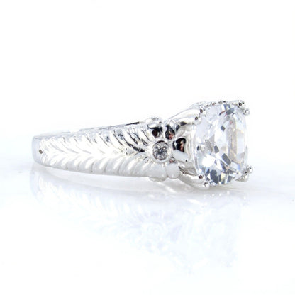 White gold White Sapphire engagement ring vintage engraved flower ring statement ring unique floral Bridal Promise Anniversary ring-Ready