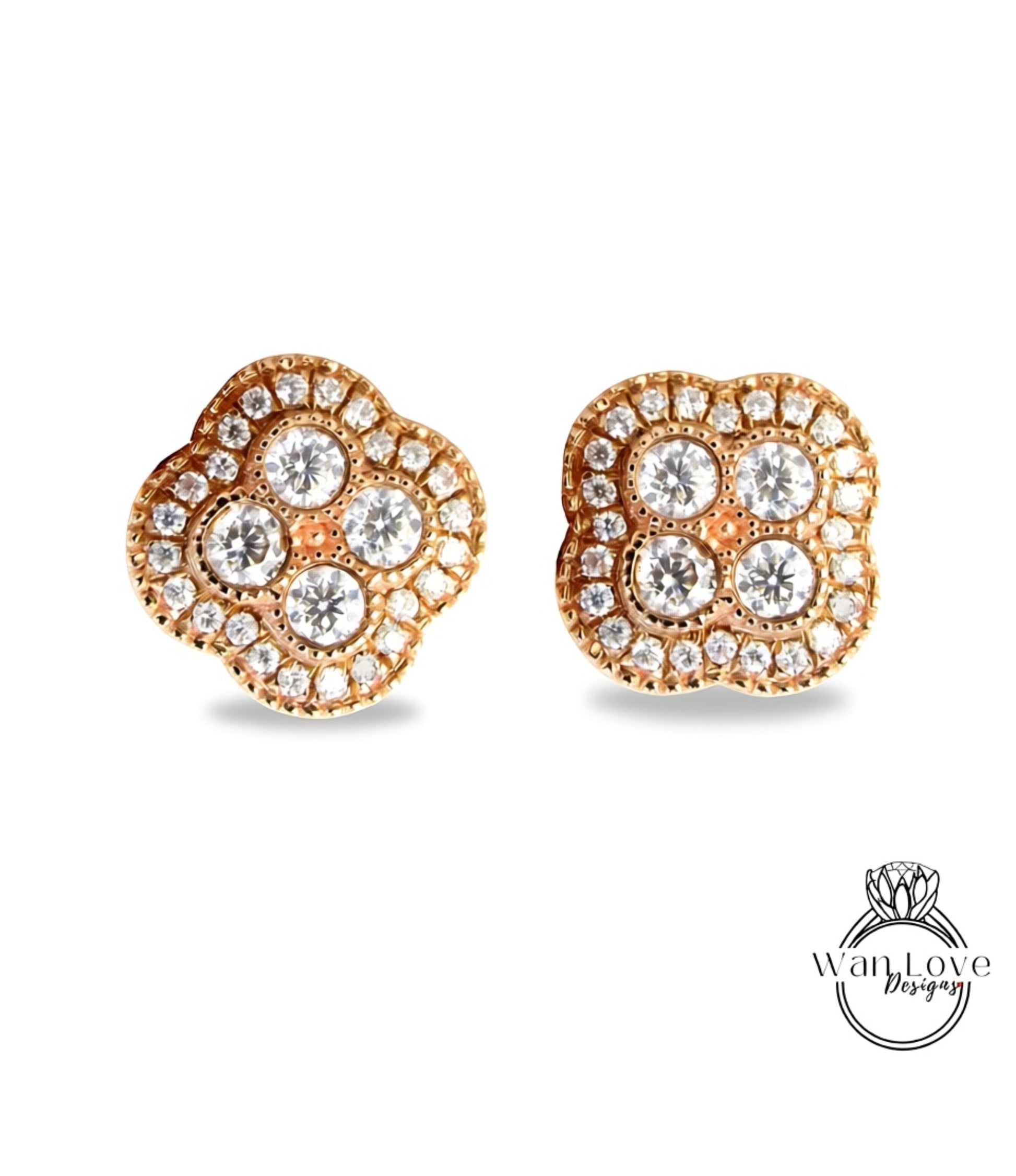 Round Cut Quatrefoil Halo Earrings, Rose Gold Earrings, Bridal Earrings, Wedding Jewelry, Moissanite Studs, Anniversary Gift, Ready to Ship Wan Love Designs