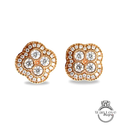Round Cut Quatrefoil Halo Earrings, Rose Gold Earrings, Bridal Earrings, Wedding Jewelry, Moissanite Studs, Anniversary Gift, Ready to Ship Wan Love Designs
