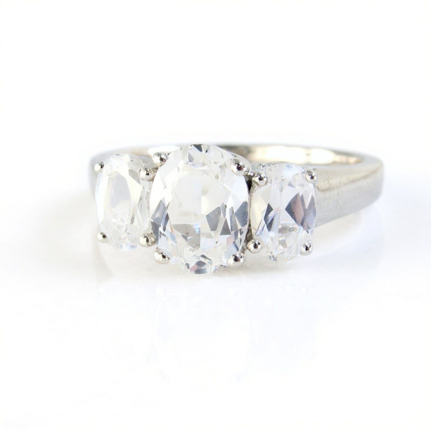 White Sapphire 3 gem Stone Oval Engagement Ring 3 Gemstone Ring 2ct 1ct Bridal wedding ring Aniversary Gift for her Cathedral-Ready to Ship