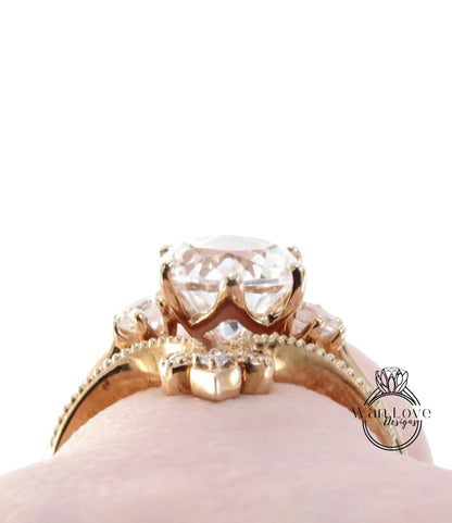 A close-up view of a gold ring with a large central diamond surrounded by smaller diamonds, set in a delicate gold band.