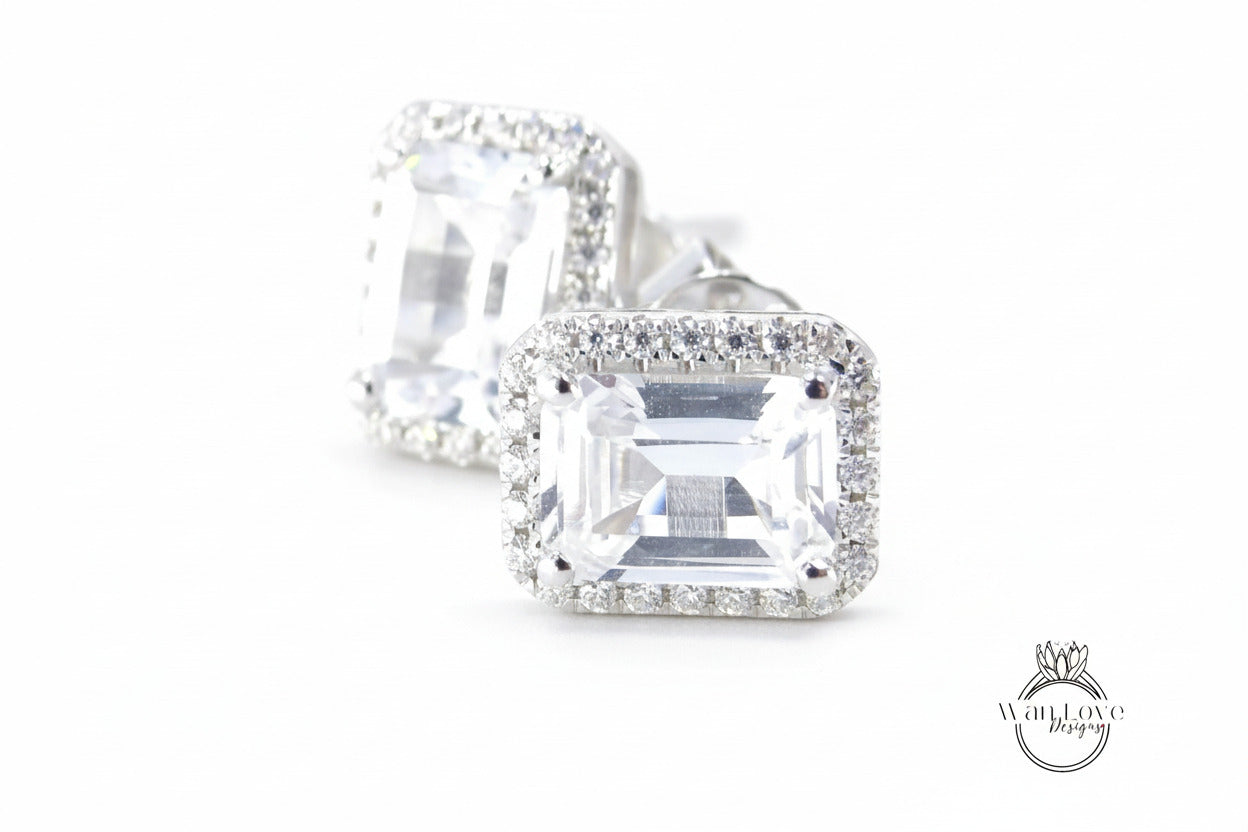 2ct Minimalist Emerald Diamond Halo Earrings • Emerald Cut Moissanite Earrings • Perfect Simple Earrings • Wedding Earrings • Gift for Her Wan Love Designs