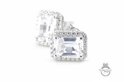 2ct Minimalist Emerald Diamond Halo Earrings • Emerald Cut Moissanite Earrings • Perfect Simple Earrings • Wedding Earrings • Gift for Her Wan Love Designs