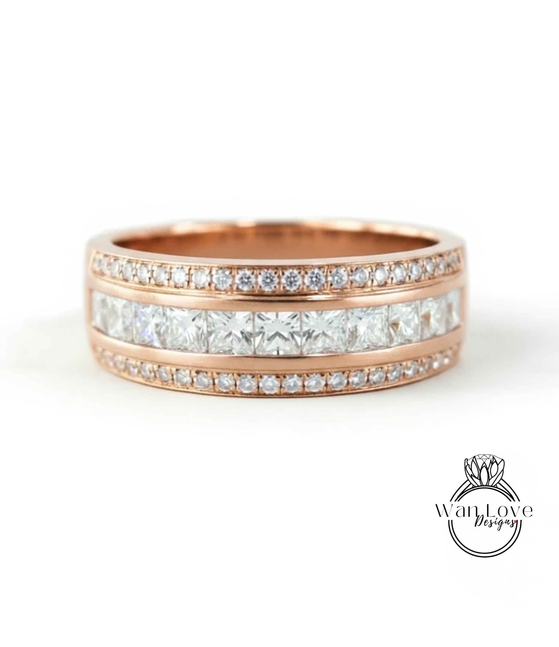 A rose gold ring with a row of diamonds set in the band.