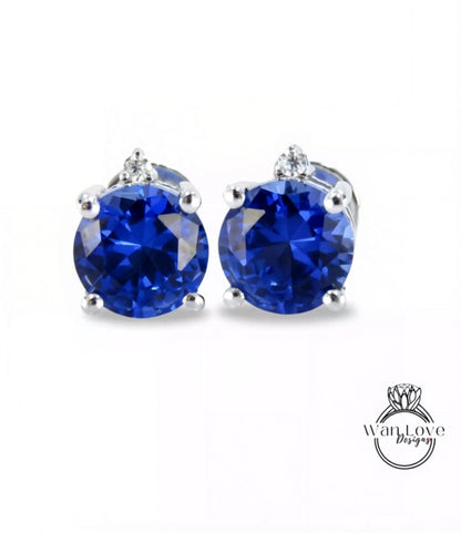 Blue Sapphire & Moissanite Round stud Earring Screw Push Back 4 Prong, 1ct each ,2cttw, Custom, White Gold, Aniversary Gift, Ready to Ship Wan Love Designs