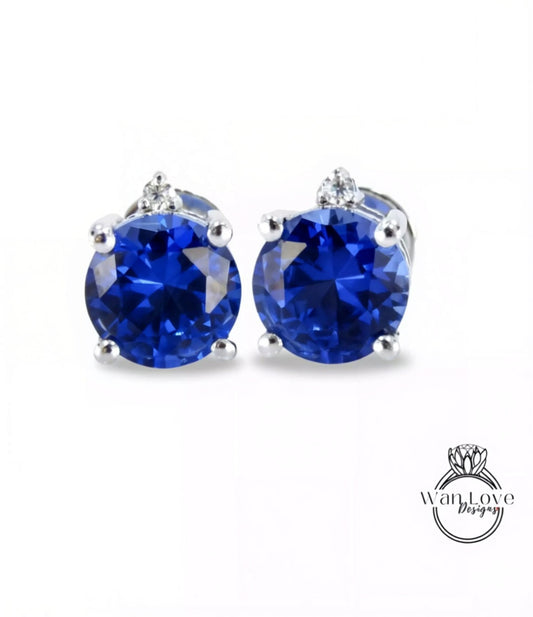 Blue Sapphire & Moissanite Round stud Earring Screw Push Back 4 Prong, 1ct each ,2cttw, Custom, White Gold, Aniversary Gift, Ready to Ship Wan Love Designs