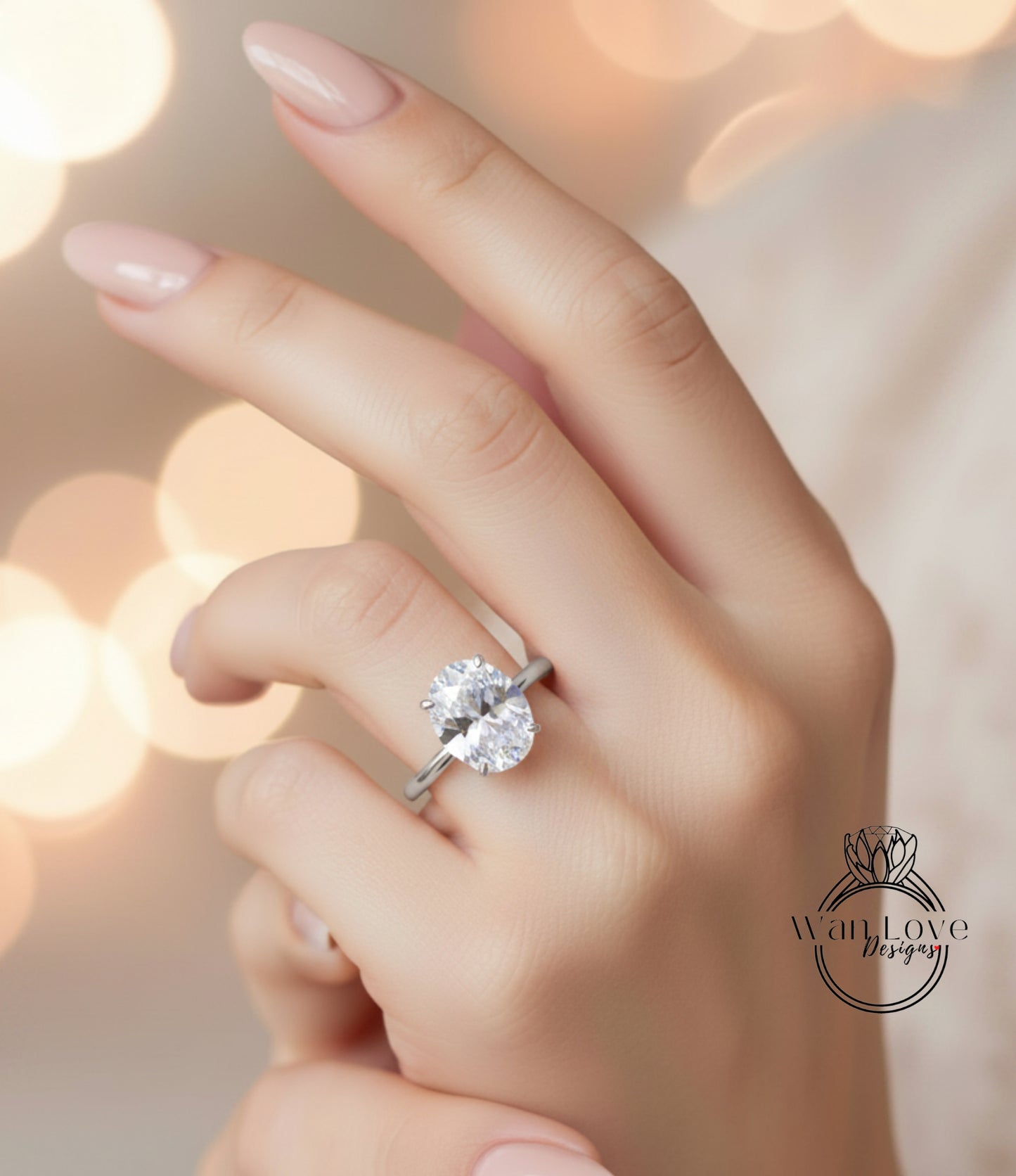 A close-up of a person's hand wearing a large oval-shaped diamond engagement ring.